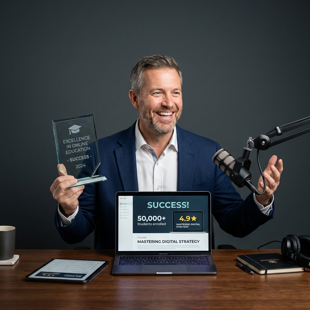 Expert feliz de sucesso com seu curso